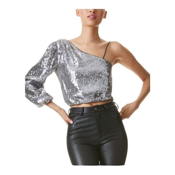 NWT Alice+Olivia Lucinda Sequined One Shoulder Top Small - Picture 1 of 10
